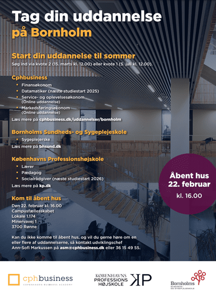 Flyer med info om uddannelser man kan tage på Bornholm. Åbent hus d. 22 feb. kl 16 på Minervavej 1, Rønne